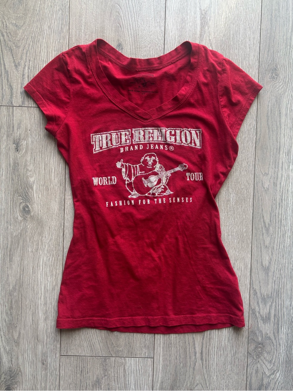 True Religion Women's Red Graphic V-Neck Rhinestone Beaded Tee